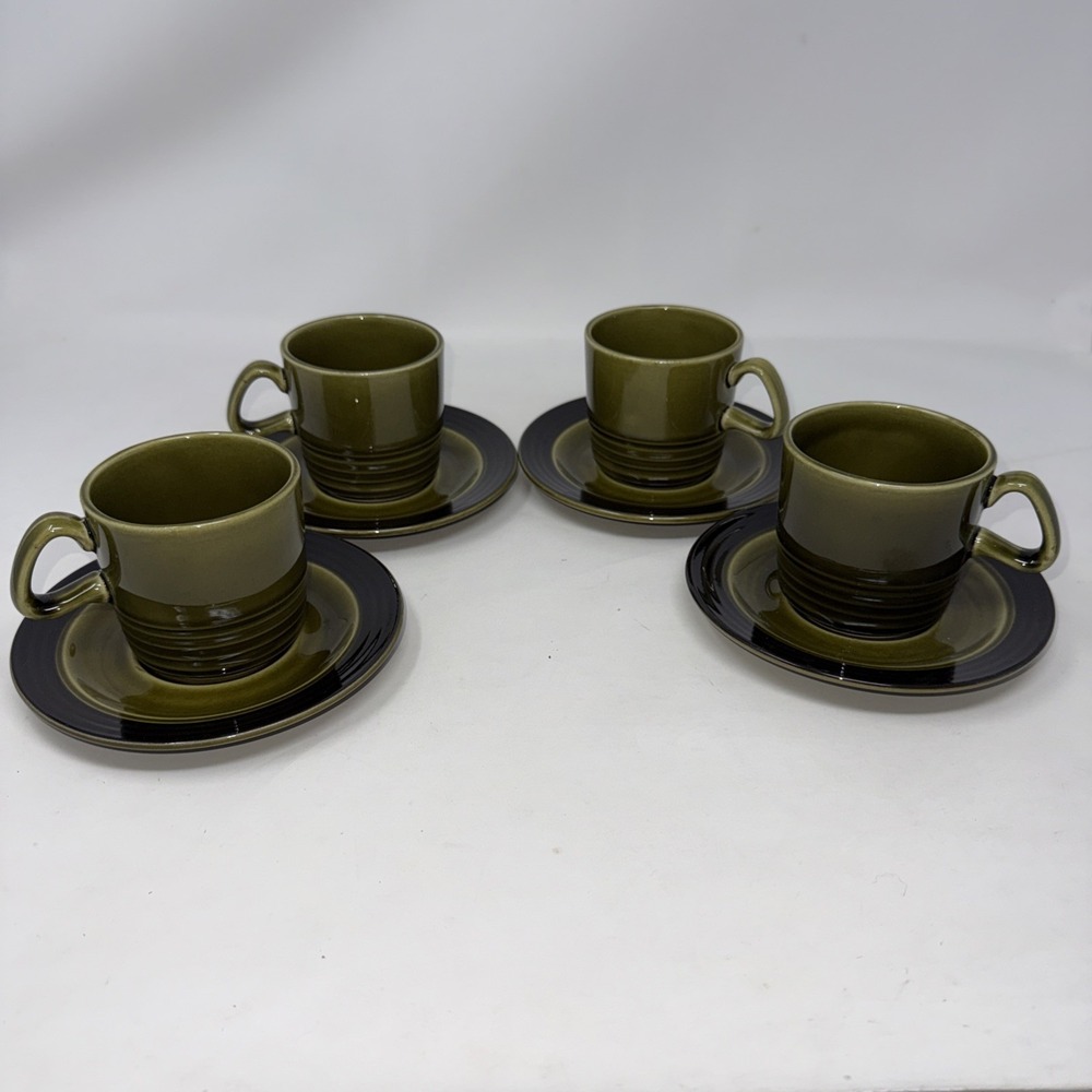 Vintage Retro 2 Tone Olive Green Petite Coffee Tea Cup Mug Saucer Set Of 4 Ridge
